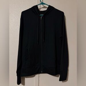 Quince Woman’s Large Zip-Up Black Sweater W/ Hoodie & Zipper Pockets 88% Poly